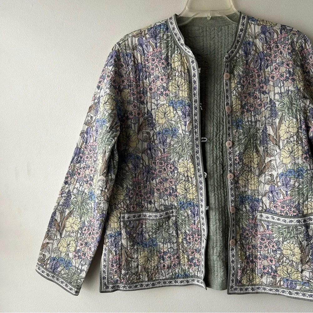 Cottagecore Floral Quilted Reversible Jacket Coat Large Green Pink Yellow Purple